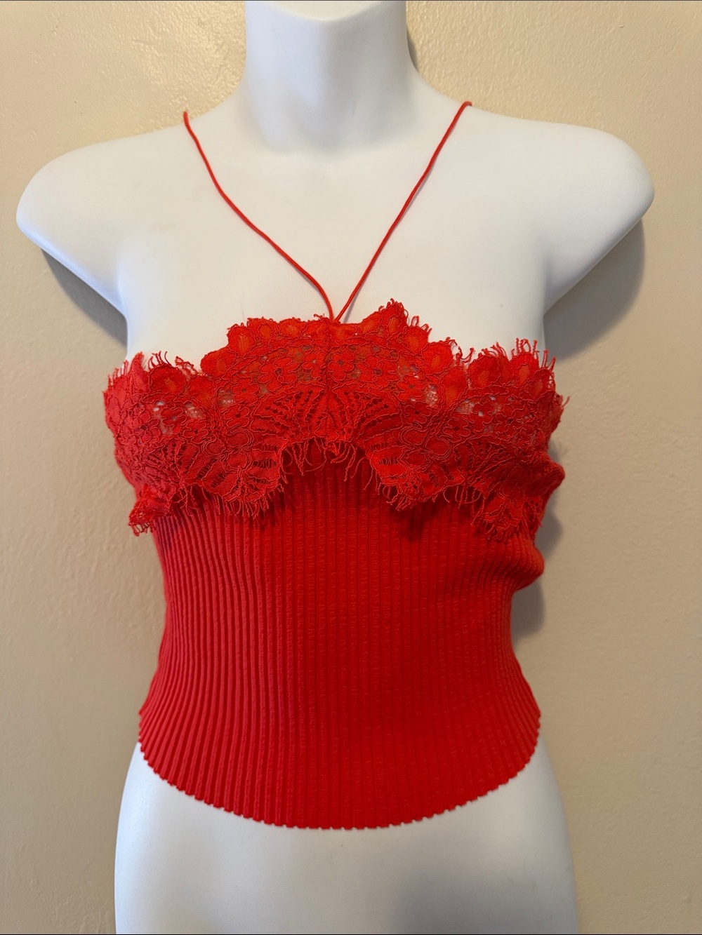 Zara Red Lace-Trim Ribbed Cami